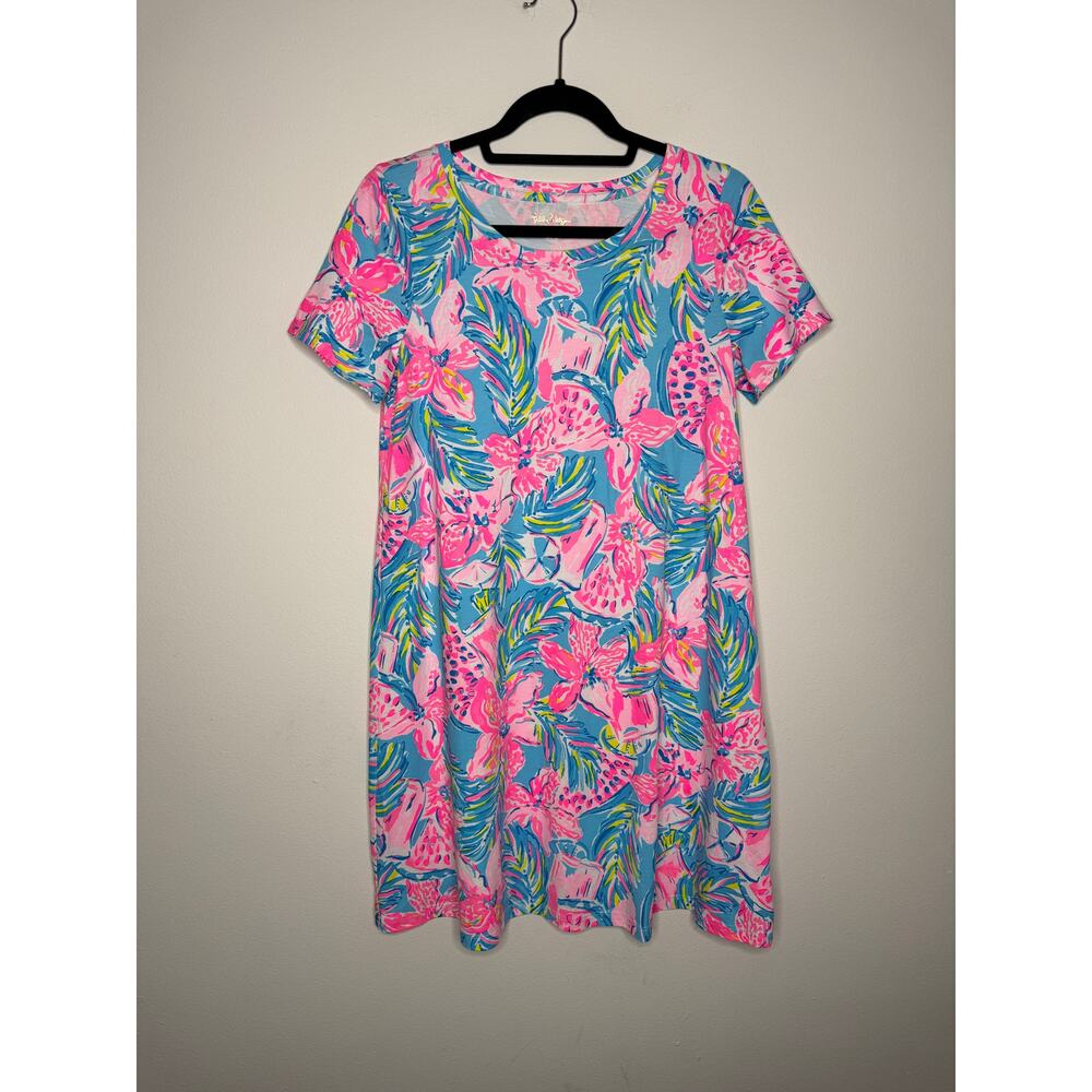 Lilly Pulitzer Pima Cotton T Shirt Dress Pink Blue Floral Tropical M